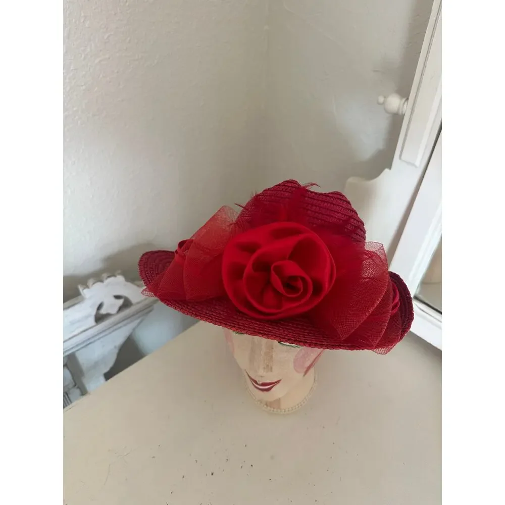 Vintage Women’s Red 100% Straw Wide Brim Hat with Rose and Tulle Accent